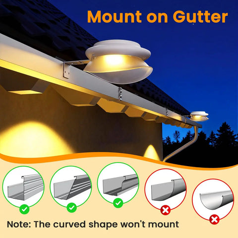 Solar Fence Lights Outdoor Waterproof 8 Pack Stainless Steel 30 LED Railing Post Lights mounted on roof gutter at night