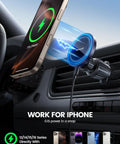 MagSafe Car Mount Charger With 15W Wireless Power, 20X Strong Magnets attached to car vent holding iPhone 17 Pro Max charging