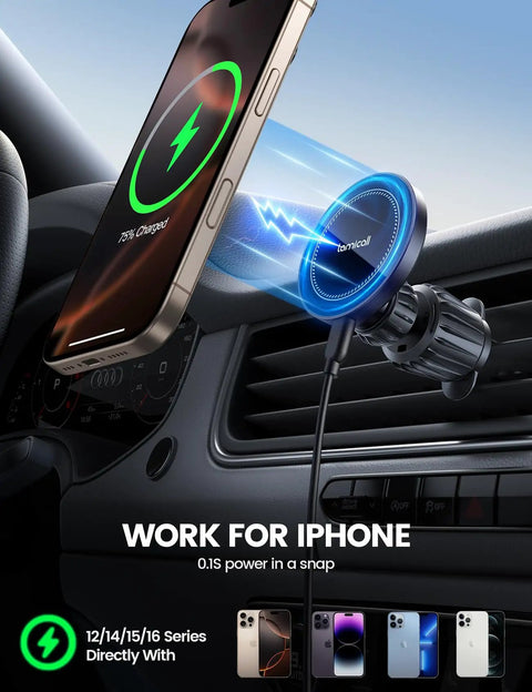 MagSafe Car Mount Charger With 15W Wireless Power, 20X Strong Magnets attached to car vent holding iPhone 17 Pro Max charging