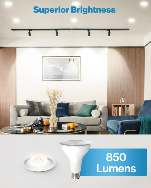 Living room lit by PAR30 LED Flood Bulb For Outdoor Lighting Dimmable 11W 75W Equivalent 850 Lumens 3000K Warm White E26 Base