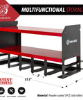 Heavy Duty Wall Mounted Power Tool Organizer With Drill Holder, Garage Storage Rack, red with specifications and patent pending label.