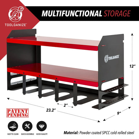Heavy Duty Wall Mounted Power Tool Organizer With Drill Holder, Garage Storage Rack, red with specifications and patent pending label.