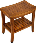 20 Inch Teak Shower Bench Waterproof Wooden Chair For Indoor Use With Shelf Non Slip Bath Stool For Bathroom Durable Shower Bench For Elderly Easy Assembly Heavy Duty Support Up To 400 Lbs, visible with natural teak finish and storage shelf.