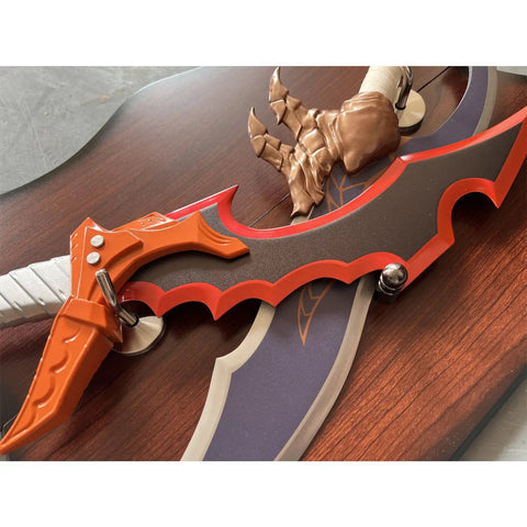 Close-up of Two Piece Metal Sword Cosplay Props Set With Hanging Display Board Wall Mount Display Knight Killer Theme