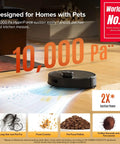 Robot Vacuum and Mop Combo With 10,000 Pa HyperForce Suction, LiDAR Navigation, App Control, Dual Anti Tangling System, Pet Hair and Carpet Cleaner, No Fuss Smart Robotic Vacuum for Hardwood Floors and Rugs, Black, depicted cleaning floor.