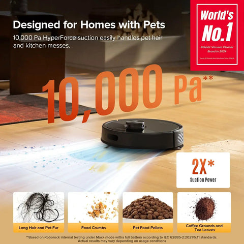 Robot Vacuum and Mop Combo With 10,000 Pa HyperForce Suction, LiDAR Navigation, App Control, Dual Anti Tangling System, Pet Hair and Carpet Cleaner, No Fuss Smart Robotic Vacuum for Hardwood Floors and Rugs, Black, depicted cleaning floor.