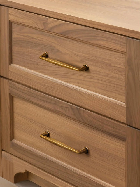 Antique Brass Cabinet Pulls Set Of 5 5 Inch Hole Center Vintage Drawer Pulls installed on wooden dresser.