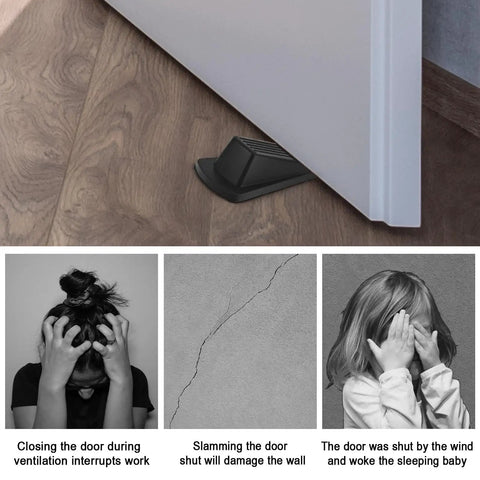 24 Pack Rubber Door Stoppers For Bottom Of Door Heavy Duty Wedge Stackable Door Stops For Floor Wall And Carpet Black 4.8 Inch Long 2.2 Inch Wide 1.2 Inch High in use preventing door damage
