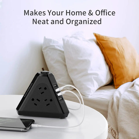 Three Side Power Strip Tower With Nine Outlets And Four USB Ports Thirteen In One Surge Protector on bedside table