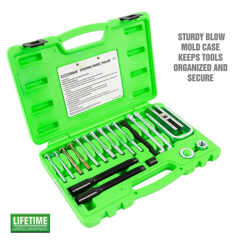 Steering Wheel Puller Set For All Major Cars And Trucks With Lock Plate Remover Includes 5/16 x 18, 5/16 x 24, And 3/8 x 16 Adapters