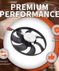 Solid Right Side Radiator Cooling Fan Fits VW Passat Jetta A3 Cc Beetle Gti Tt 2005 2017 with black blades and motor.