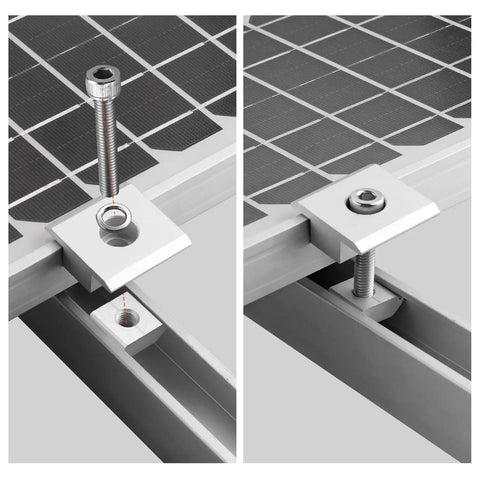 Heavy Duty Solar Panel Center Clamps Knockout Grip For 40mm Photovoltaic Rails pre drilled on metal roof showing installation process.