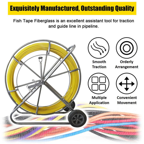 Heavy Duty 12mm Fiberglass Fish Tape With Reinforced Steel Core Non Conductive Cable Puller And Conduit Rodder built on a wheeled frame.