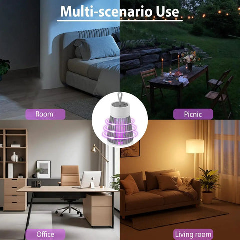 Rechargeable USB Bug Zapper with 360 Degree UV Light and Hidden Electric Grid used in room, picnic, office, and living room.