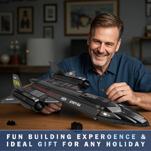 Man assembling Epic SR-71 Blackbird Building Set For Adults, 1775-Piece Military Recon Aircraft Model Kit with realistic details.
