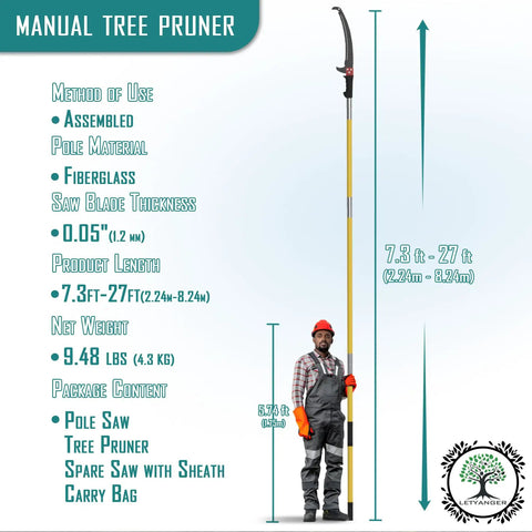 Extendable Pole Saw For Tree Trimming With 7.3 To 27 Ft Reach showing fiberglass construction and included tools