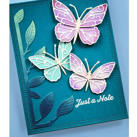 Handmade card with butterfly design using Six Piece Rectangle Frame Metal Die Cuts Set with Scalloped Stitch Nested Tags for DIY crafts.