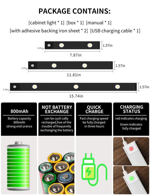 LED Under Cabinet Lights With Motion Sensor And USB Rechargeable Cat Eye Hill Corrugated Light package content and size details