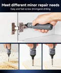 Using Mini Cordless Electric Screwdriver Set With Precision Bits, 250 RPM Motor, And Bright LED Light for cabinet repairs.