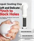 Close-up of DIY Friendly Waterproof Sealant Mastic 6 Pack White Seal Putty being applied to block pipe holes.