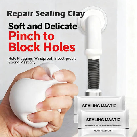 Close-up of DIY Friendly Waterproof Sealant Mastic 6 Pack White Seal Putty being applied to block pipe holes.