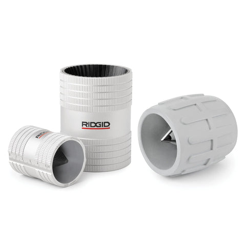 Ridgid stainless pipe reamer tool set, 3 pieces (1/2–2 in), chrome and gray components.