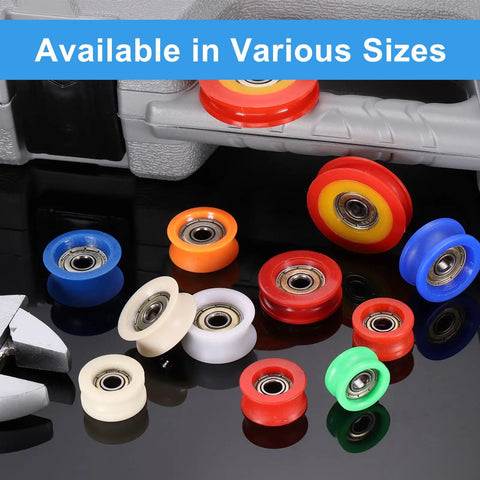 Straight Up Tough Eight Pack U Groove Plastic Guide Bearing Pulley Wheels Designed For Smooth Sliding Doors and Heavy Duty Conveyor Track Automation Hardware in various colors and sizes.