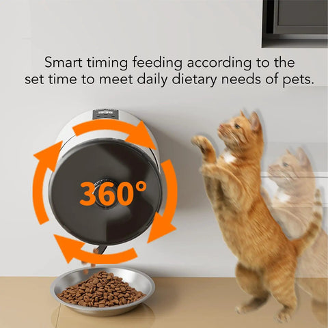 Wall Mounted Automatic Cat Feeder With WiFi Remote And 4 Liter Bin, anti-clog design, cat reaching for food bowl.