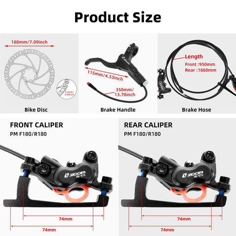 Z00M HB876E hydraulic brake set for e-bikes; 2-pin, 4-piston front/rear calipers, lever and hose, black/red