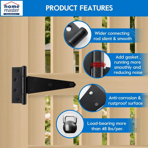 6 Inch T Strap Heavy Duty Shed Door Hinges Black Tee Hinge features diagram for Wooden Fences Yard Doors Barn Gates