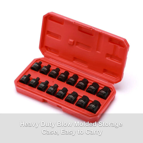 Low Profile 3/8 Inch Drive Impact Hex Socket Set, 16 Pc in red blow molded case, SAE and Metric Hex Bits, Pro Grade Chromoly Steel