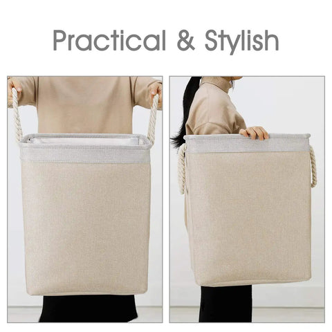 Stand Up Laundry Hamper With Handles And Built In Liner Two Pack Collapsible Laundry Basket in beige, held by person