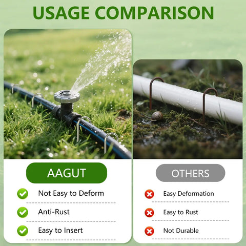 Usage comparison of 12 Inch Garden Stakes Set Of 50 Heavy Duty Galvanized Ground Spikes for drip irrigation and lawn projects.