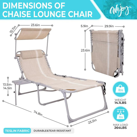 Dimensions of khaki face-down sun lounger with canopy, face hole, 5-position adjustable tanning chair, padded pillow, side table.