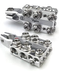 Heavy Duty 20-Way Lead Acid Battery Post Terminal Ends Distribution Block Bus Bar for Tapered Top SAE DIN EN Posts, Accepts 8 AWG Up to 4/0 XL Wire Gauge, Multi Size Connectors, Ideal for AGM Gel Wet MF Batteries and Pro Grade Car Electrical Upgrades., two silver battery terminal blocks with multi-wire ports