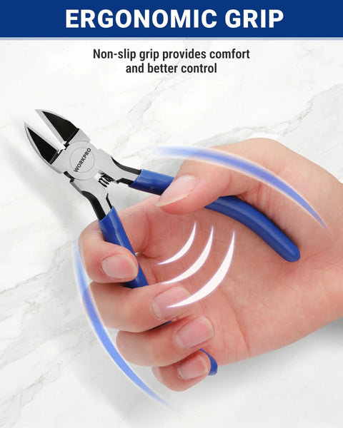 Hand holding a six inch precision flush cutter from the Six Piece Wire Cutters Set with non-slip ergonomic grip.