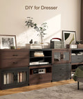 DIY dresser setup with stackable storage drawers 28 inch wide bins in engineered wood with sleek metal handle, in a living room.