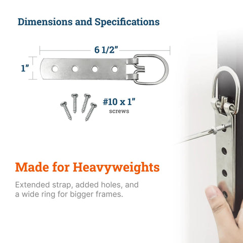 Beefy Heavy Duty D Ring Picture Hangers 2 Pack With Screws 200 Lb Capacity 6.5 Inch Steel Strap Hooks dimensions and use