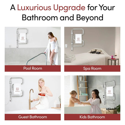 4 Bar Polished Chrome Wall Mounted Towel Warmer With Swivel Bars Plug In Electric Towel Rack For Bathroom Space Saving Keeps Towels Toasty Warm And Dry After Showers in four settings: pool room, spa room, guest bathroom, kids bathroom.