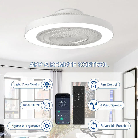 Bladeless Flush Mount Ceiling Fan With Light And Remote Control 19 Inch Low Profile DC Motor Smart App Control Dimmable LED 3000K To 6500K Quiet Enclosed Fandelier For Bedroom And Kids Room displayed with remote and app interface.