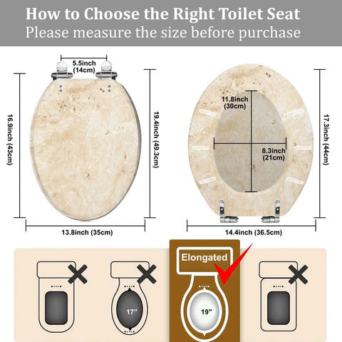 Toilet Seat Elongated for Bathroom Use dimensions guide, measuring 19.4" x 14.4", with adjustable hinges.