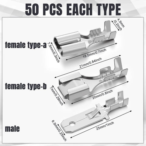 150 Piece 6.3Mm Male And Female Wire Spade Connector Quick Disconnect Terminal Kit For Automotive Audio Car Stereo Wiring Relay Harness, showcasing different connector types.