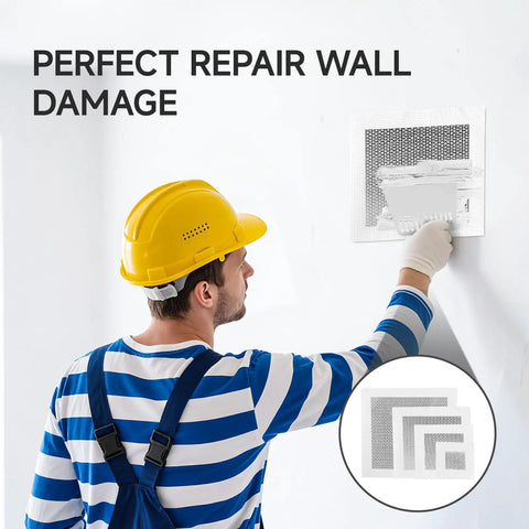 Worker applying 19 Piece Wall Repair Patch Kit With Aluminum Self Adhesive Patches For Small To Large Holes to wall surface.