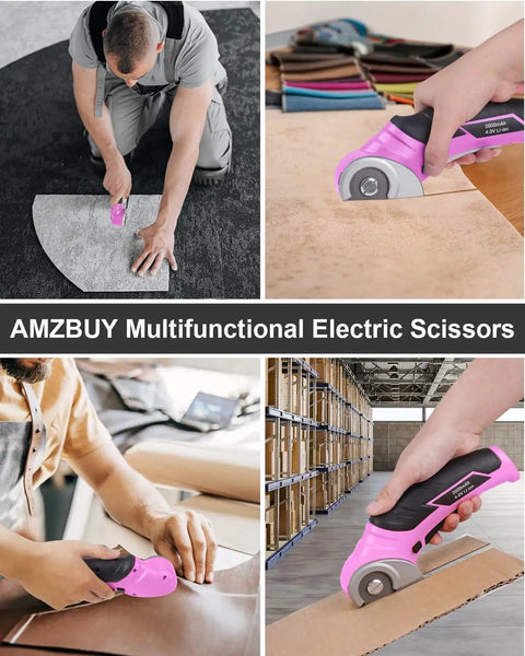 Cordless Electric Scissors Rechargeable Box Cutter That Slays Through Cardboard Fabric Leather And Paper With Self Sharpening Blade 240Rpm Motor cutting through cardboard and fabric in various settings.