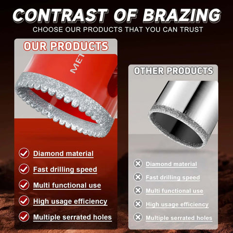 Front view of red diamond hole saw with serrated edge for ceramic tiles; beside a silver hole saw in a two-item banner