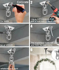 Installation guide for Beefy 360 Degree Swivel Hammock Hanging Kit With Stainless Steel Hooks, showing steps for concrete ceilings.
