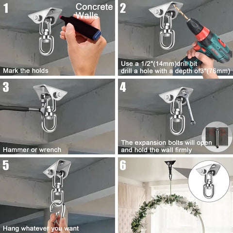 Installation guide for Beefy 360 Degree Swivel Hammock Hanging Kit With Stainless Steel Hooks, showing steps for concrete ceilings.