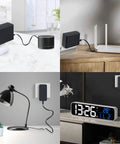 5V 2A DC Power Adapter with 9 jacks connected to devices like TV box, router, lamp, and clock in various home setups