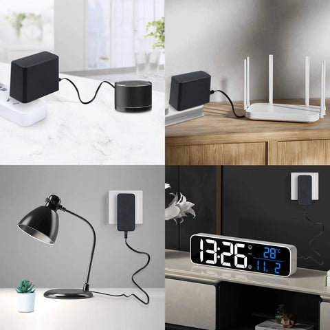 5V 2A DC Power Adapter with 9 jacks connected to devices like TV box, router, lamp, and clock in various home setups