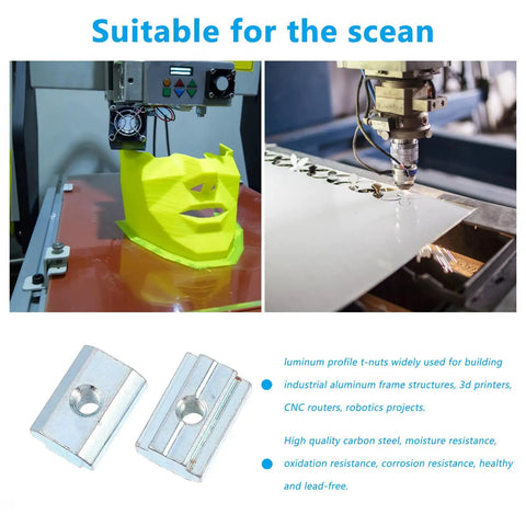 20PCS Sliding T Slot Nuts Nickel Plated Carbon Steel Bad Boy of Aluminum Extrusion Hardware beside 3D printer and cutting machine.